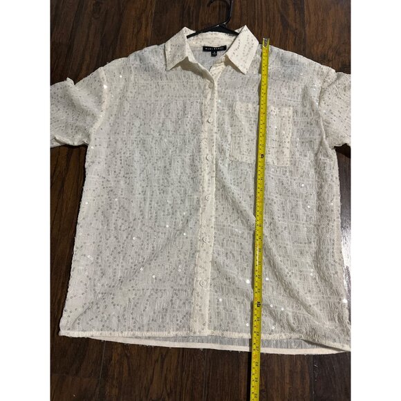 Blue Blush White Sequin Button-Up Collared Shirt Small - Picture 6 of 6